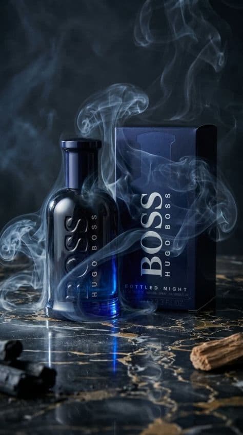 Midnight blue gradient glass cologne bottle and matching luxury packaging box bathed in soft blue rim lighting with gentle smoke.