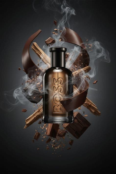 Black glass luxury perfume bottle suspended mid-air surrounded by fine golden dust particles and soft drifting smoke.