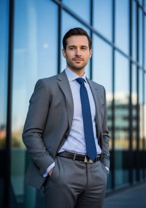 Professional corporate executive in business attire standing beside panoramic glass windows overlooking urban skyscrapers.