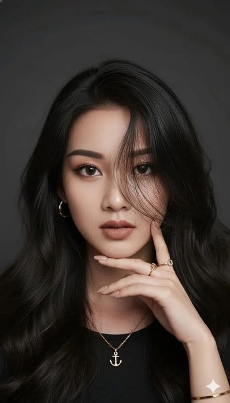 Radiant model adorned with layered gold necklaces and stacked bangles posing in luxurious warm beauty lighting.
