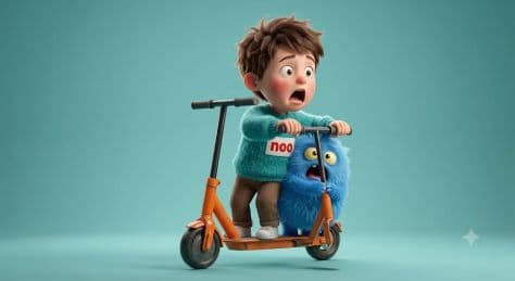 Joyful 3D animated boy steering an electric scooter while a massive, cuddly blue furry creature balances comically on the back.