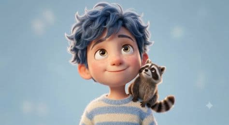 Smiling 3D animated boy with tousled blue hair and an adorable furry little raccoon sitting happily on his shoulder.