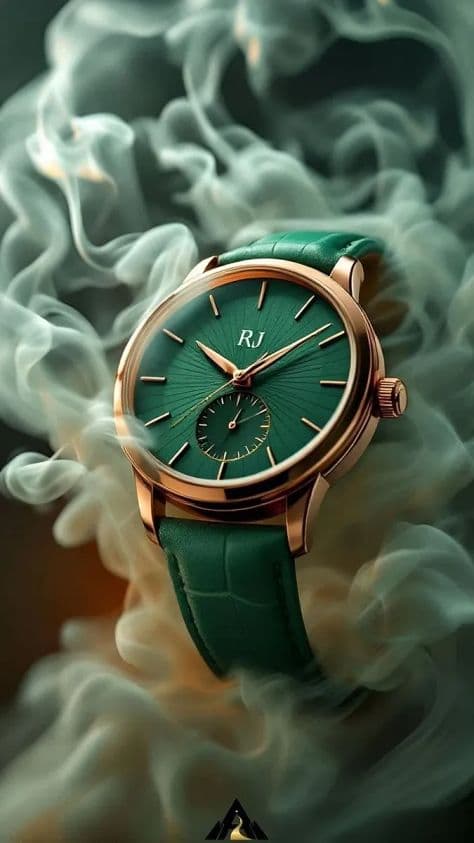 Brushed steel luxury watch with deep navy blue face suspended gracefully amidst swirling grey smoke rings in a dark studio.