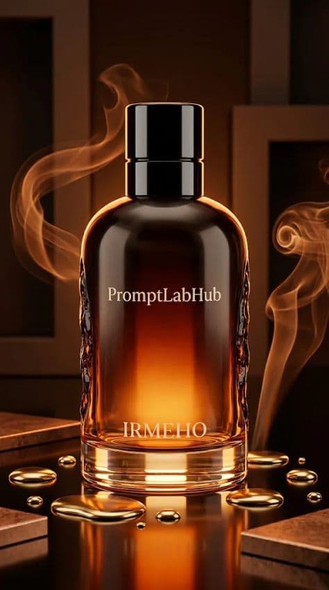 Faceted amber perfume bottle glowing with warm internal light amidst golden mist droplets and soft curling incense smoke.