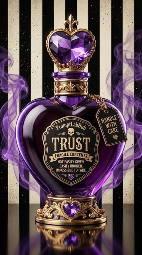 Heart-shaped amethyst glass perfume flacon with delicate golden filigree vine patterns resting on black crushed velvet.