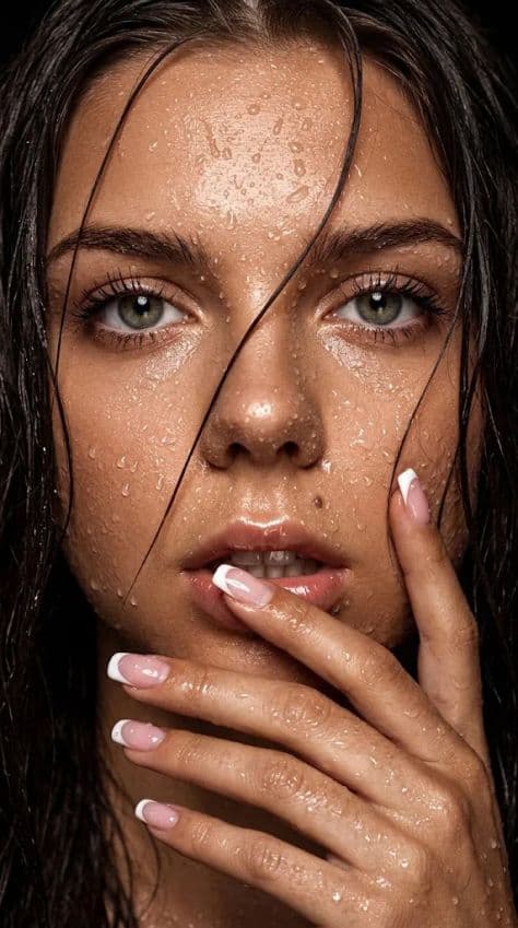 Extreme Wet-Look Beauty Macro Portrait illuminated by atmospheric backlighting in a professionally composed commercial setting.