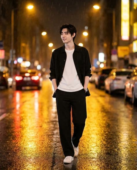 Full-Body Cinematic Street Portrait illuminated by studio lighting in a professionally composed commercial setting.