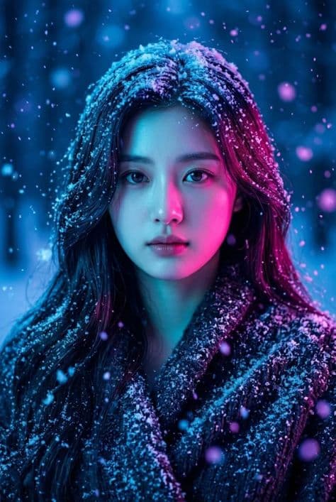 Portrait Winter Elegant Rim Light illuminated by vibrant neon glow in a professionally composed commercial setting.