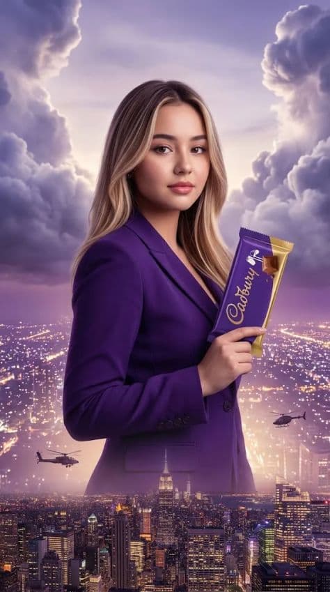 Towering woman in deep purple blazer holding a giant chocolate bar over a sparkling city at night