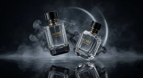Two sleek glass perfume bottles suspended mid-air in swirling charcoal smoke and golden light