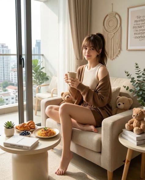 Young woman relaxing sideways in a cozy beige armchair inside a sunlit modern condo