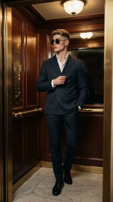 Athletic man wearing a double-breasted navy suit and dark round sunglasses from low angle
