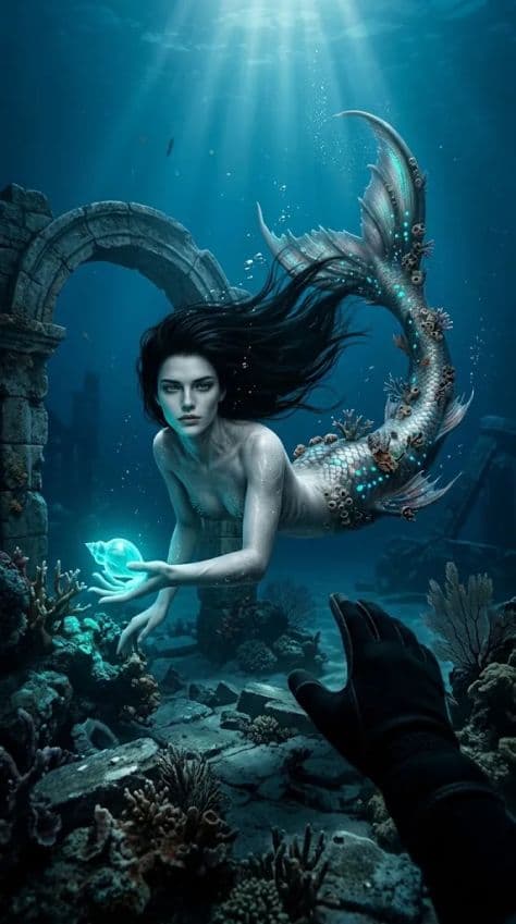 First-person perspective of a haunting mermaid swimming out of sunken stone archways
