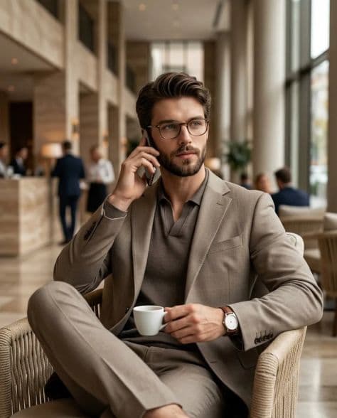 Confident businessman with trimmed beard and eyeglasses wearing a tailored navy blazer