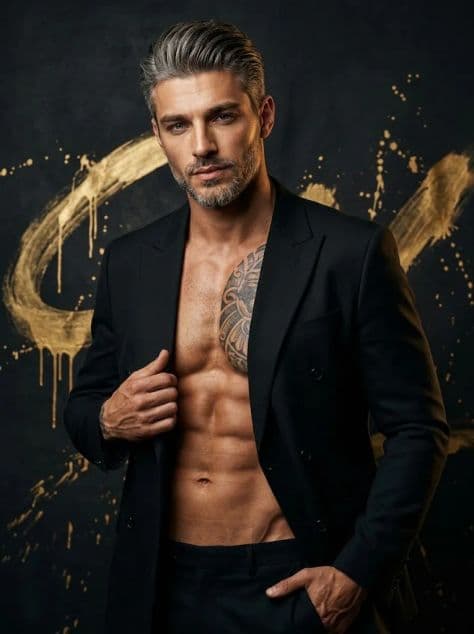 Distinguished man with salt-and-pepper hair in a sharp charcoal suit looking past camera