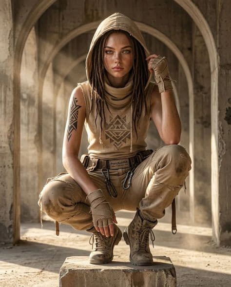 Female desert nomad with dreadlocks in distressed beige streetwear crouching in an archway