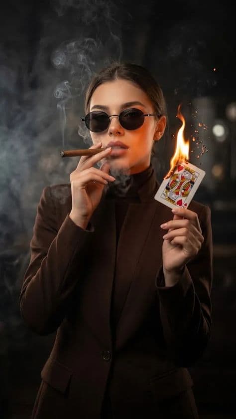 Moody portrait of a woman in sunglasses holding a burning card and smoking a cigar