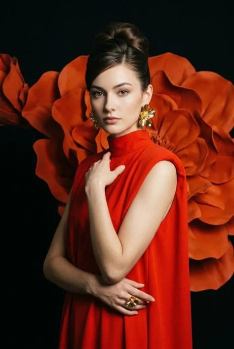 East Asian model in a sculptural red haute couture gown posing before monumental petals
