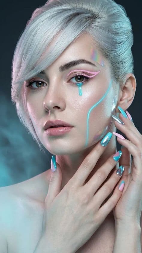 Futuristic luxury beauty portrait of a woman with platinum hair and cyan pink SFX makeup