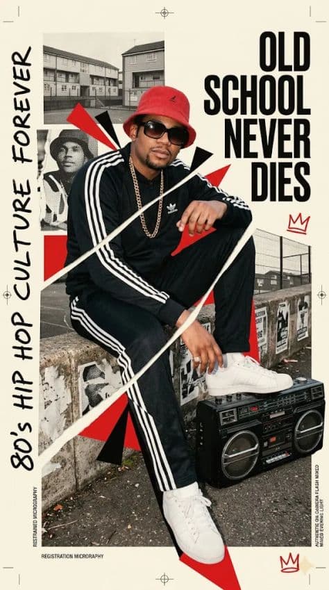 1980s hip-hop culture poster of a rapper in bucket hat with a vintage boombox on a basketball court