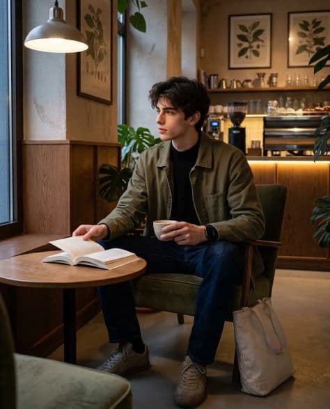 Relaxed man sitting in a cozy armchair reading a book with a latte inside a warm specialty coffee shop