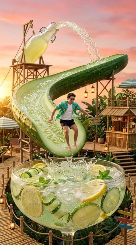 Miniature resort with tiny people sliding down a giant cucumber slice into a sparkling lemonade glass