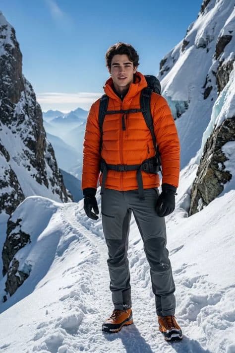 Full-body portrait of a winter mountaineer in technical alpine gear standing on a snowy mountain traverse