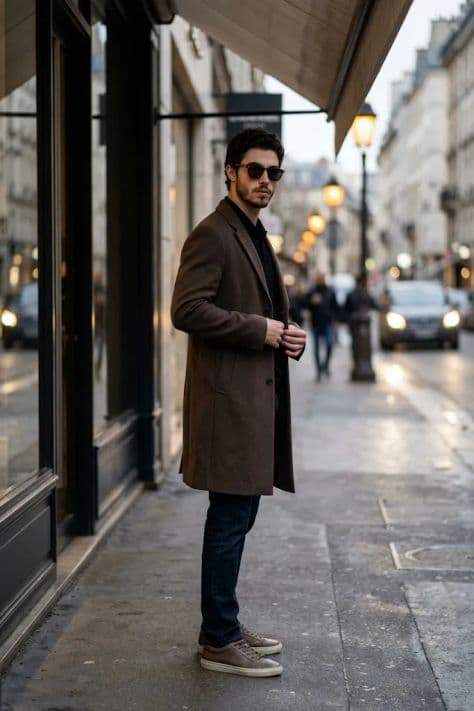 Young man in a brown overcoat and dark sunglasses standing under an awning on a city street at dusk