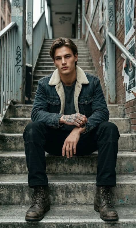 Stylish man sitting forward on weathered concrete stairs in a gritty urban city passage