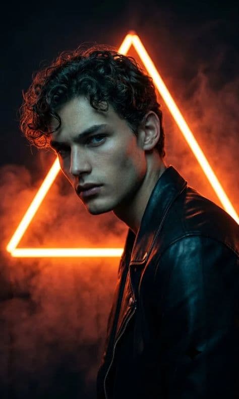 Man in a black leather jacket posed in front of a glowing neon orange geometric triangle light