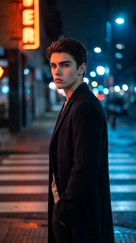Person in a dark wool overcoat standing on a wet city crosswalk reflecting vibrant neon signs at night