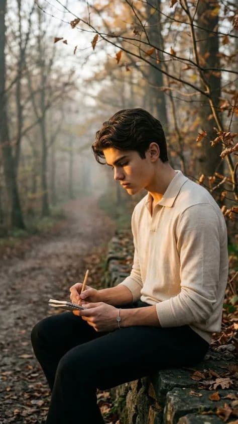 Solitary artist sketching in a notebook on a stone wall beside a misty autumn woodland trail