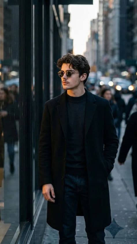 Stylish man in a long black overcoat and round sunglasses standing beside a dark glass storefront