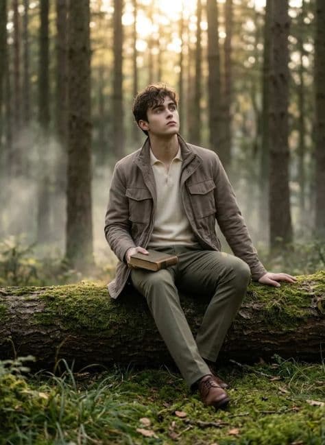 Man sitting on a mossy fallen log in a quiet sunlit forest absorbed in reading a book