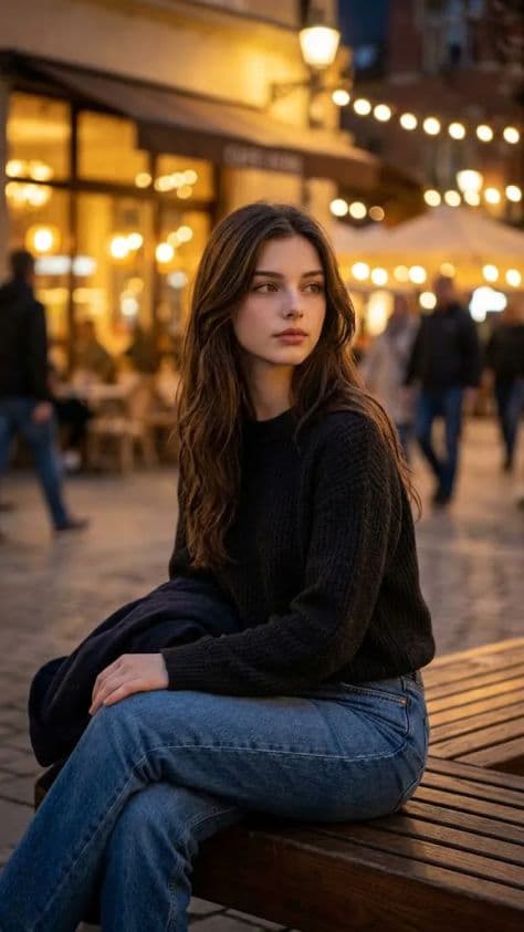 Young woman in a knit sweater sitting on a wooden bench in an illuminated town square at night