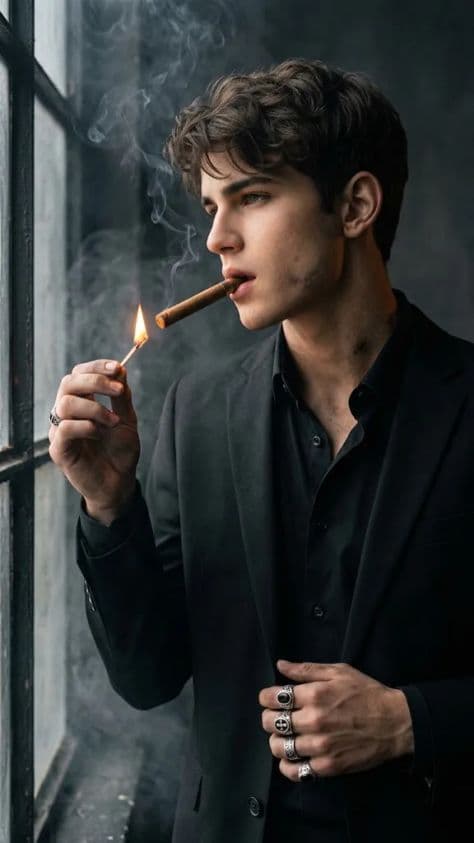 Man in a black suit holding a cigar beside an industrial window with smoke curling through sunbeams