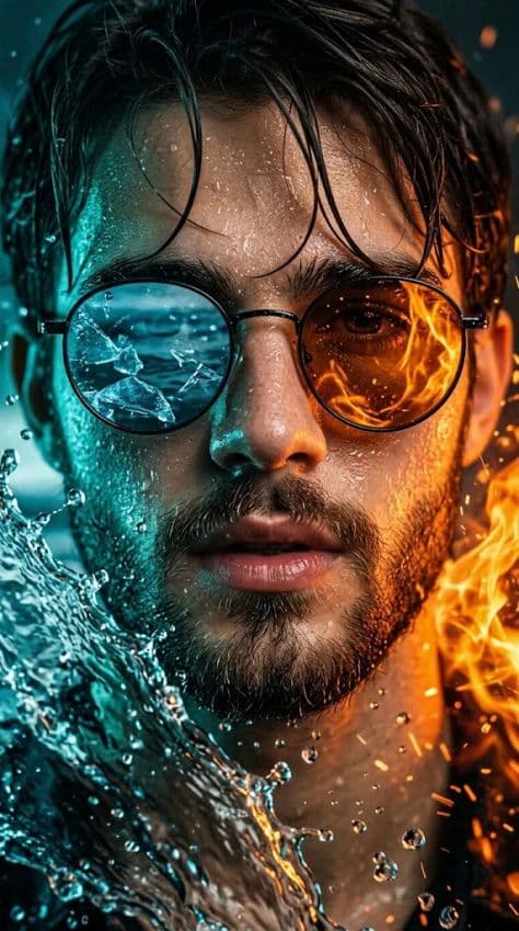 Extreme close-up of a bearded man in round sunglasses with splashing water droplets freezing midair