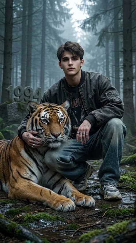 Woman standing beside a majestic Bengal tiger in a misty pine forest clearing with morning fog