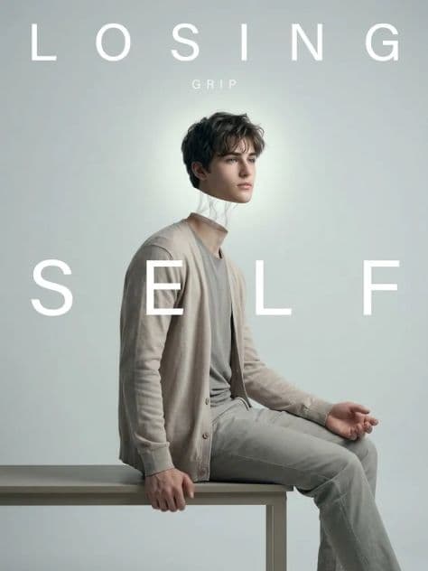 Minimalist surreal studio portrait of a man seated on a bench with his head floating softly above his neck