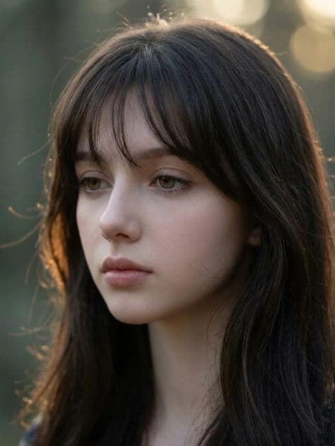 Close shoulder-up portrait of a young woman in a peaceful forest clearing during golden hour sunset