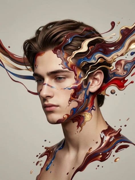 Avant-garde fine art portrait surrounded by an explosive swirling eruption of colorful cosmic liquid