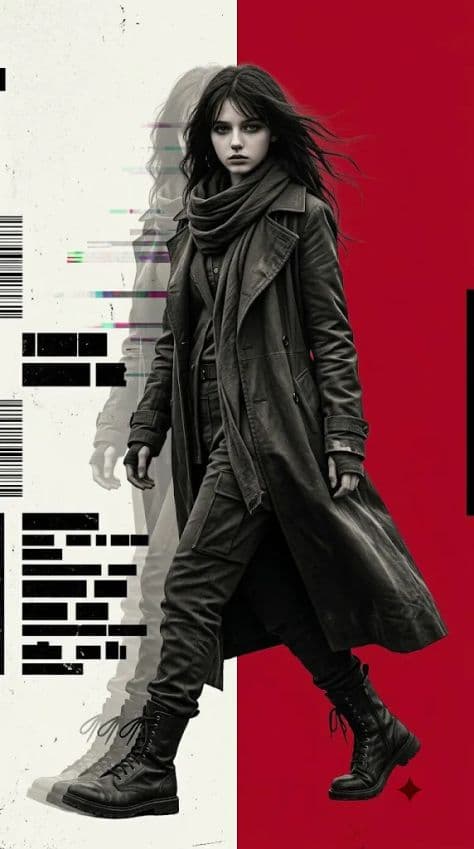 Young woman in a weathered techwear trench coat striding forward through a dark rainy urban street