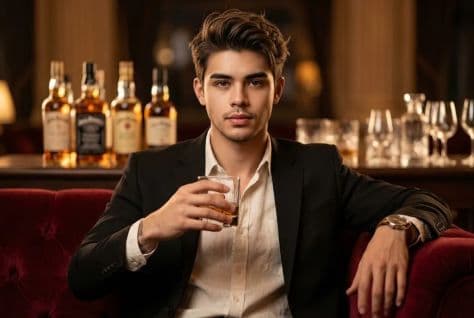 Elegant man holding a whisky tumbler on a velvet sofa inside a grand vintage palace bar at night
