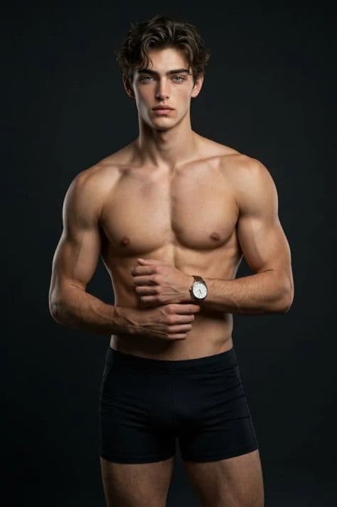 Muscular man posing in a dark photography studio with dramatic rim lighting sculpting his physique