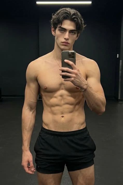Athletic young man taking a mirror selfie in a dark modern minimalist gym under focused spotlights