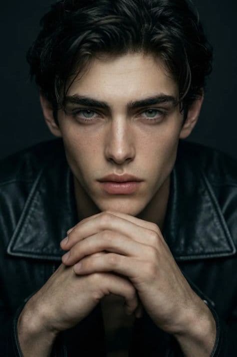 Intense chest-up portrait of a man leaning forward with interlocked fingers under dramatic studio light