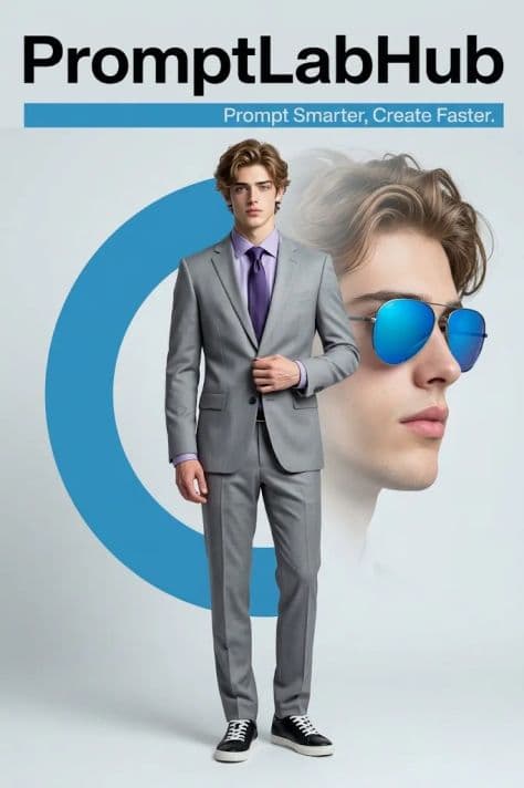 Contemporary fashion poster with tailored suit model and oversized aviator sunglasses profile graphic