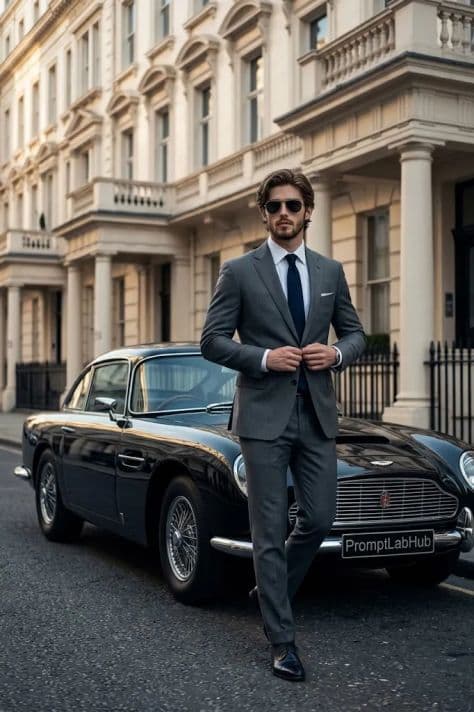 Distinguished man in a gray suit standing beside a vintage black sports car on a European street