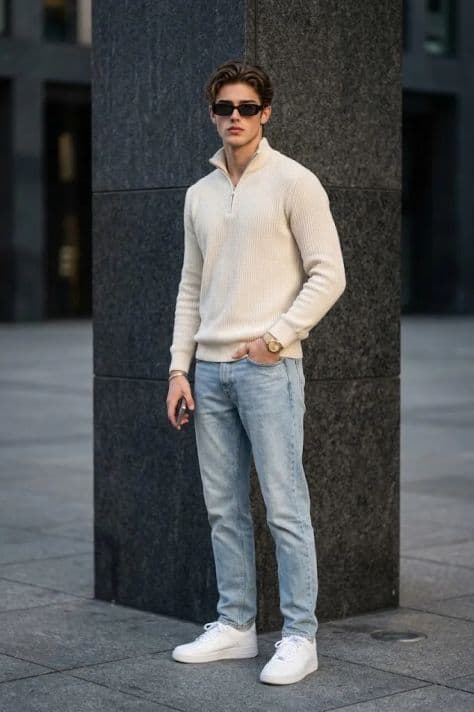 Urban street style portrait of a man in a cream knit sweater standing in a modern city plaza