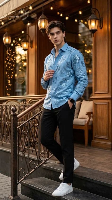 Editorial portrait of a young man in an embroidered blue shirt outside a warm evening café with golden bokeh